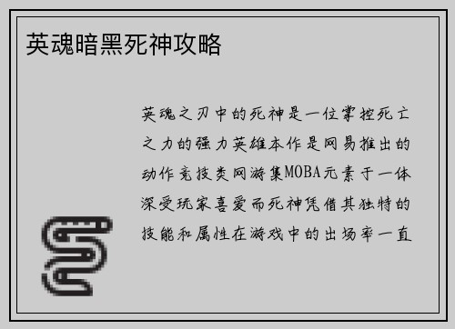 英魂暗黑死神攻略