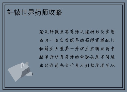 轩辕世界药师攻略