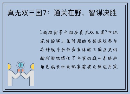 真无双三国7：通关在野，智谋决胜