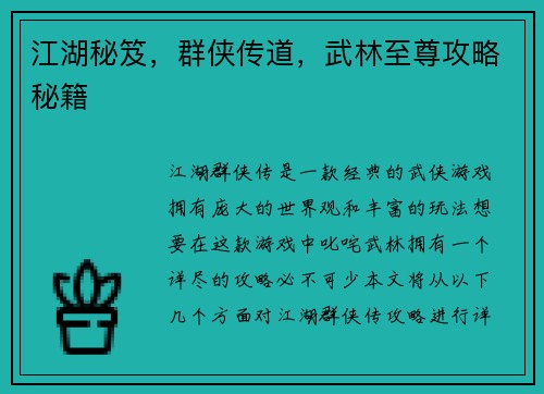 江湖秘笈，群侠传道，武林至尊攻略秘籍